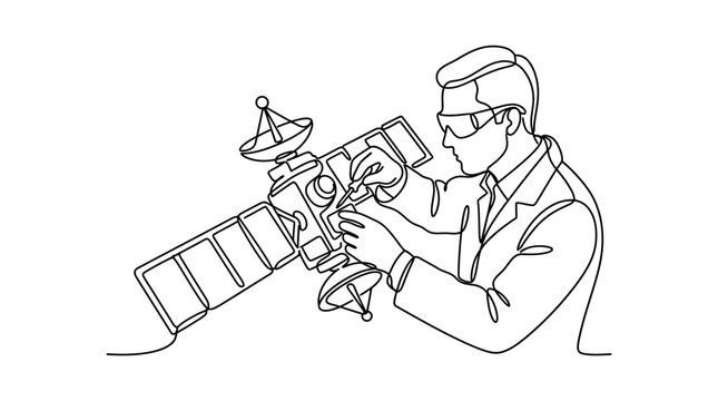 Continuous line drawing of an aerospace engineer working on a space satellite.