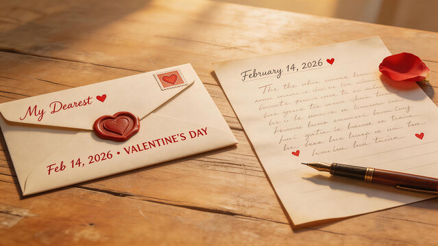 Valentines day letter and envelope on wooden table