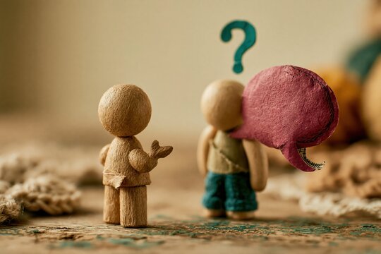 Two small handmade paper cutout figures engaging in a dialogue with a large pink speech bubble for communication and social media advertising