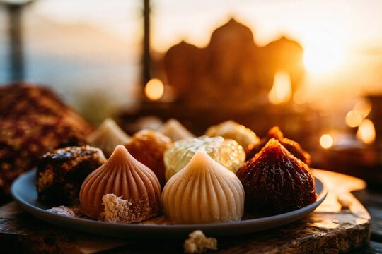 Assorted colorful modak dumplings on a plate with warm golden for Ganesh Chaturthi celebration, featuring textured ridges and a luminous aura