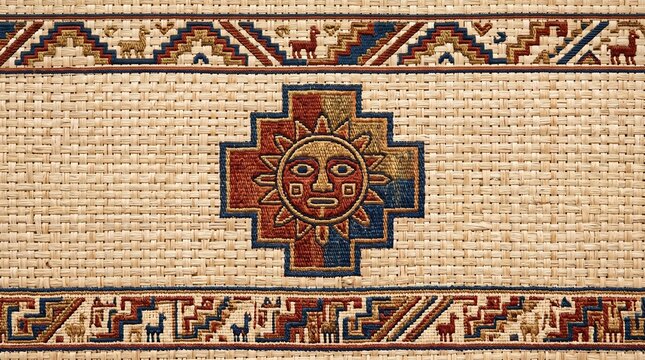 Traditional Andean Inca Sun Inti Pattern Embroidered On Woven Raffia Straw Fabric