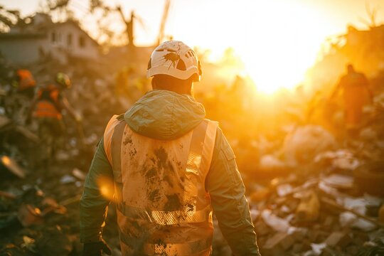 Rescue worker in a dusty hi-vis vest walking through debris at sunset, showing a resolute humanitarian response for disaster relief and emergency aid