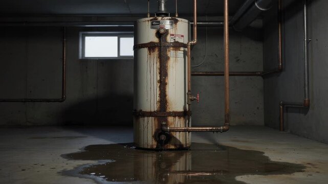 Leaking rusty water heater with wet floor in dark basement plumbing system