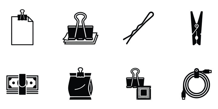 Office stationery collection with binder clips hair pin and paper clip tools vector illustration set.