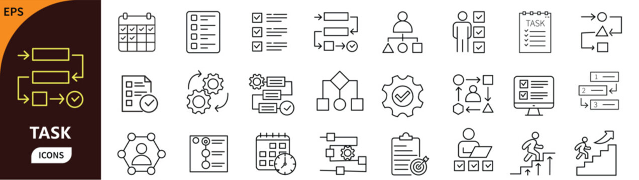 Task icon set. Containing checklist, schedule, planning, deadline, project, management, priority, productivity, and more. Editable stroke. Vector illustration