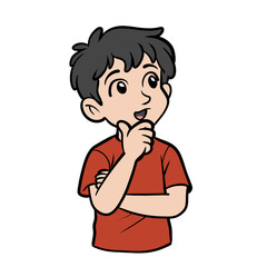 Cute cartoon young boy holding his chin and looking up thoughtfully with an inspired expression. Isolated portrait illustration on transparent background for children book layout, problem solving