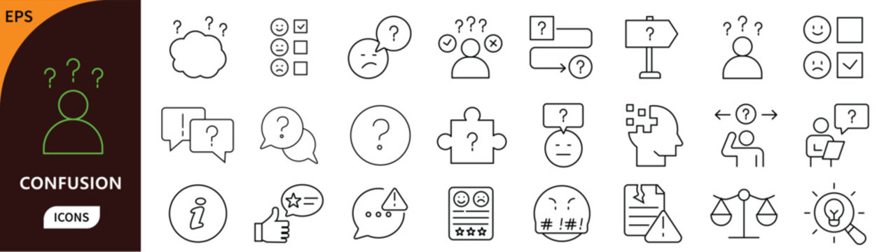 Confusion icon set. Containing question, problem, doubt, chaos, uncertainty, mind, puzzle, complexity, and more. Editable stroke. Vector illustration