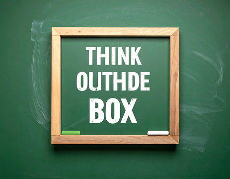 chalkboard with text think outside the box, conceptual idea and innovation, education and learning