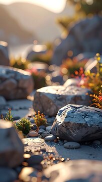 Rocks and boulders with greenery growing.