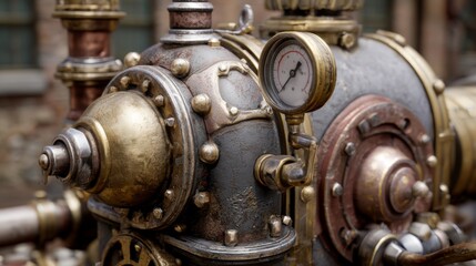 Fototapeta premium Vintage Steampunk Machinery with Intricate Brass and Copper Details Showcasing Antique Pressure Gauge and Engaging Gears in Industrial Setting