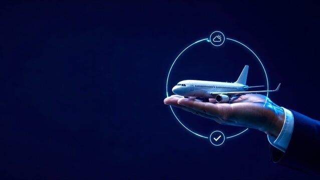Business aviation airplane hand model sky travel airline transport commerce management security check flight service