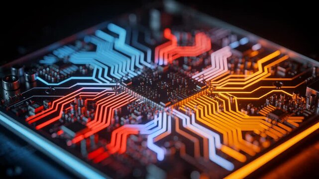 Close up of colorful futuristic circuit board with glowing lines and electronic components technology concept