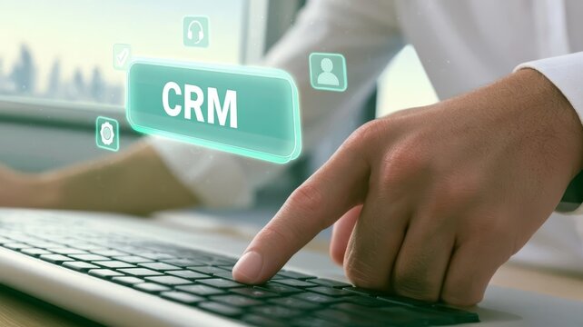 Professional businessman interacting with customer relationship management crm software system concept technology interface.