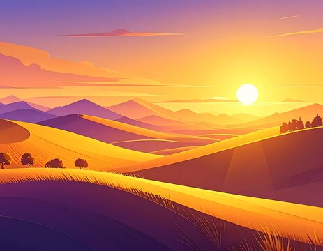 Sunset over rolling hills landscape scene.