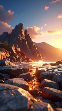 Sunset over rocky mountain landscape scene.