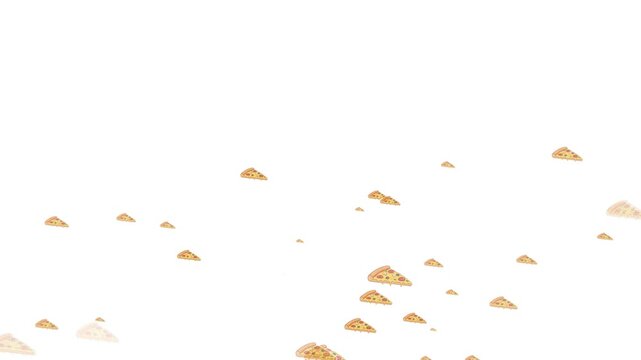 Animated design of green "pizza" icons on a white background, bursting at the bottom of the screen.