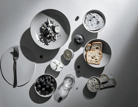 Variety of food on plates table.