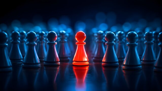 One bright glowing red pawn chess piece standing out from a crowd of dark blue pawns