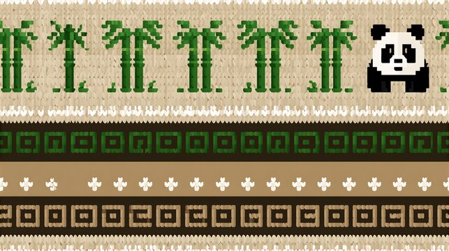 Panda and geometric border seamless knitting pattern on textured fabric with geometric knitting seamless repeating ornament decorative background wallpaper traditional abstract embroidery