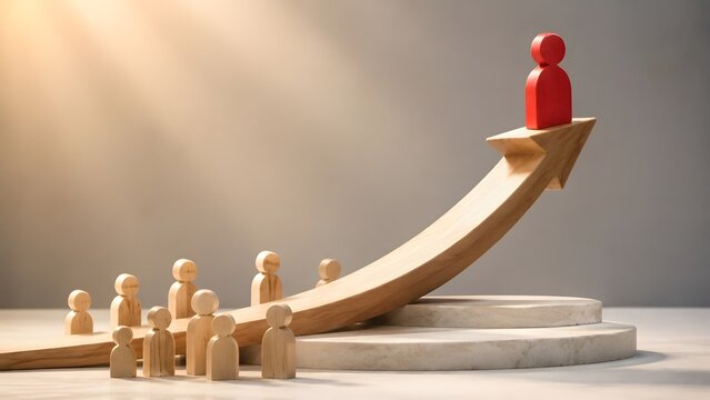 Red wooden human figure standing on an upward arrow leading a group of figures career growth and leadership strategy