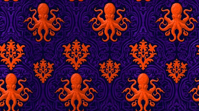 Abstract damask pattern with red octopuses on dark blue background ornamental seamless background wallpaper repeating abstract creature victorian illustration decorative symmetry intricate