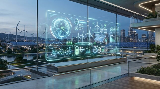Futuristic energy technology interface with renewable energy sources displayed