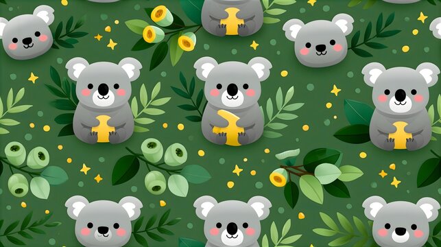 Seamless pattern of cute koalas with eucalyptus leaves nature inspired eucalyptus seamless background illustration wildlife wallpaper botanical australian marsupial repeating decoration
