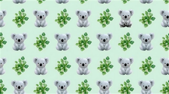 Seamless pattern of cute cartoon koala bears and green eucalyptus leaves on pastel background with eucalyptus seamless wildlife australia wallpaper background illustration marsupial decorative