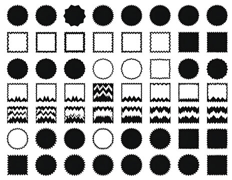 Collection of pixelated starbursts, circles, and squares with jagged or rough edges, black and white, graphic elements