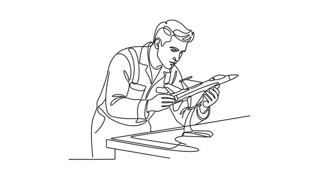 Continuous line drawing of an aerospace engineer examining a small model airplane.