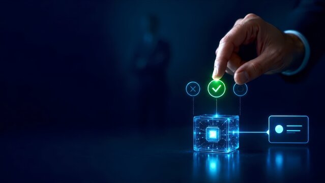 Business technology hand digital select innovation concept data cube interface check mark approval decision electronic future blue glow