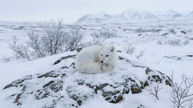 Arctic fox curled up on snowy tundra rocks.
