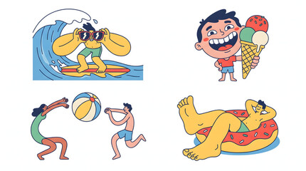 Fototapeta premium Fun summer holiday character set featuring surfing, relaxing on floaties, and beach activities