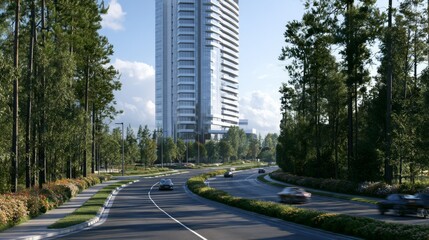 Obraz premium Modern skyscraper alongside scenic road with lush greenery and clear sky creating an urban and natural blend in contemporary city landscape