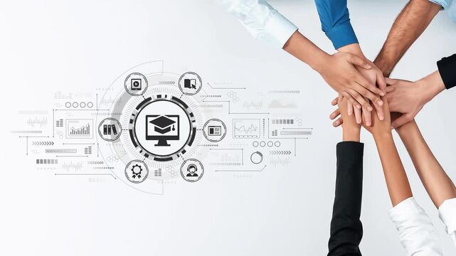 Collaborative Learning and Digital Education Concept with Diverse Hands in Support Around Computer Icon and Infographics on White Background. Entropy.