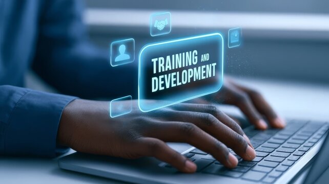Professional business person using laptop for corporate employee training and development strategy program growth concept.