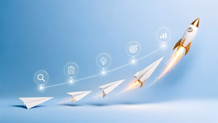 Paper Airplanes Transforming into a Powerful Rocket Ship Launching Upward on a Blue Background Symbolizing Business Evolution and Startup Growth