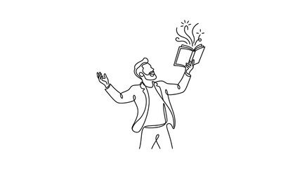 Obraz premium Continuous line drawing of a man reading a magical book.
