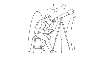 Obraz premium A line art illustration of an astronomer looking through a telescope while taking notes.