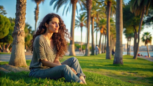 Mujer morena de relax en un parque de la playa de benicassim castell n comunidad valenciana