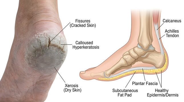 Close up of a cracked heel with dry skin and calloused hyperkeratosis.