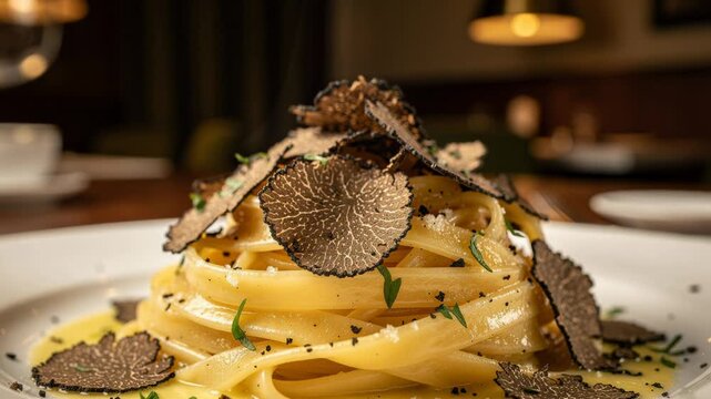 Delicious creamy pasta with fresh black truffle slices and herbs on a white plate in a cozy restaurant