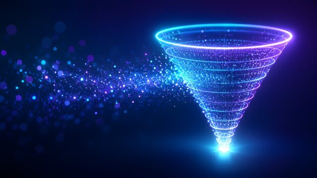 Abstract Glowing Digital Data Funnel Processing Information Particles on Dark Blue Background for Marketing Analytics Concept