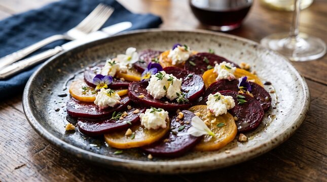 Gourmet beet salad with goat cheese and edible flowers on a rustic plate