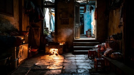 Fototapeta premium Dimly Lit Room with Open Door and Smoke Rising from Fire, Capturing the Essence of Rustic Living Spaces and Urban Atmosphere in Vintage Decor
