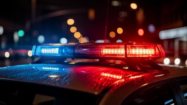 Close up of red and blue police car lights flashing at night with rain droplets and city street bokeh background