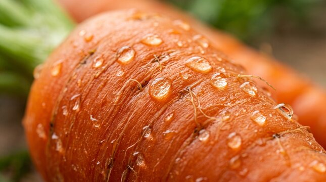 Close-up of a fresh carrot covered in glistening water droplets on a transparent background
