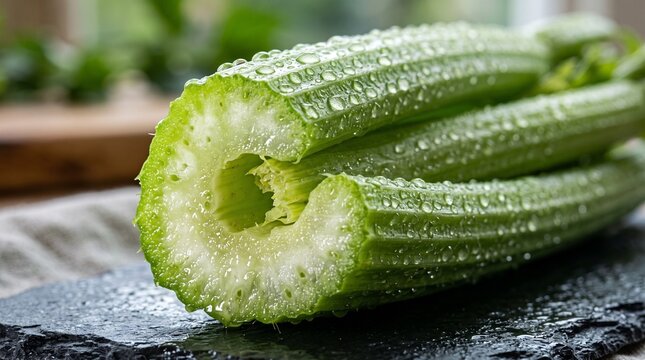 Macro shot of fresh green celery stalks covered in water droplets on a dark slate surface
