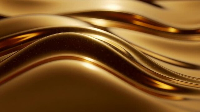 Smooth golden liquid surface with flowing waves and shiny metallic texture reflecting warm light