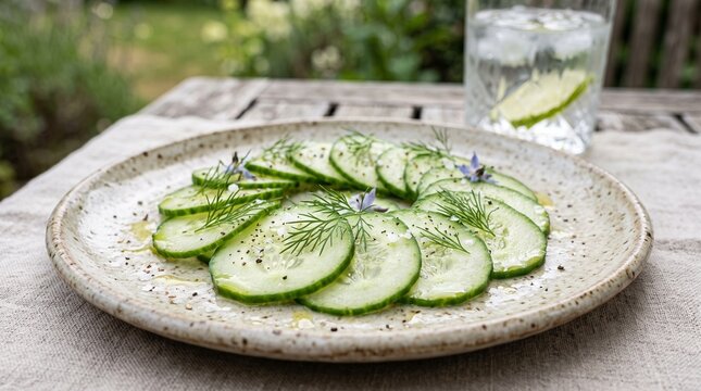 Refreshing cucumber salad with dill and pepper on a rustic plate